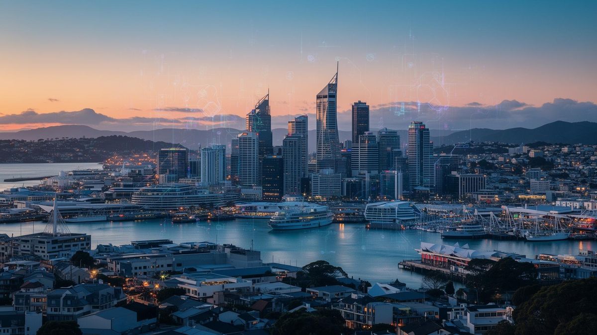 Skyline van Auckland bij schemering met subtiele digitale elementen die de groei van online kansspelen in Nieuw-Zeeland verbeelden