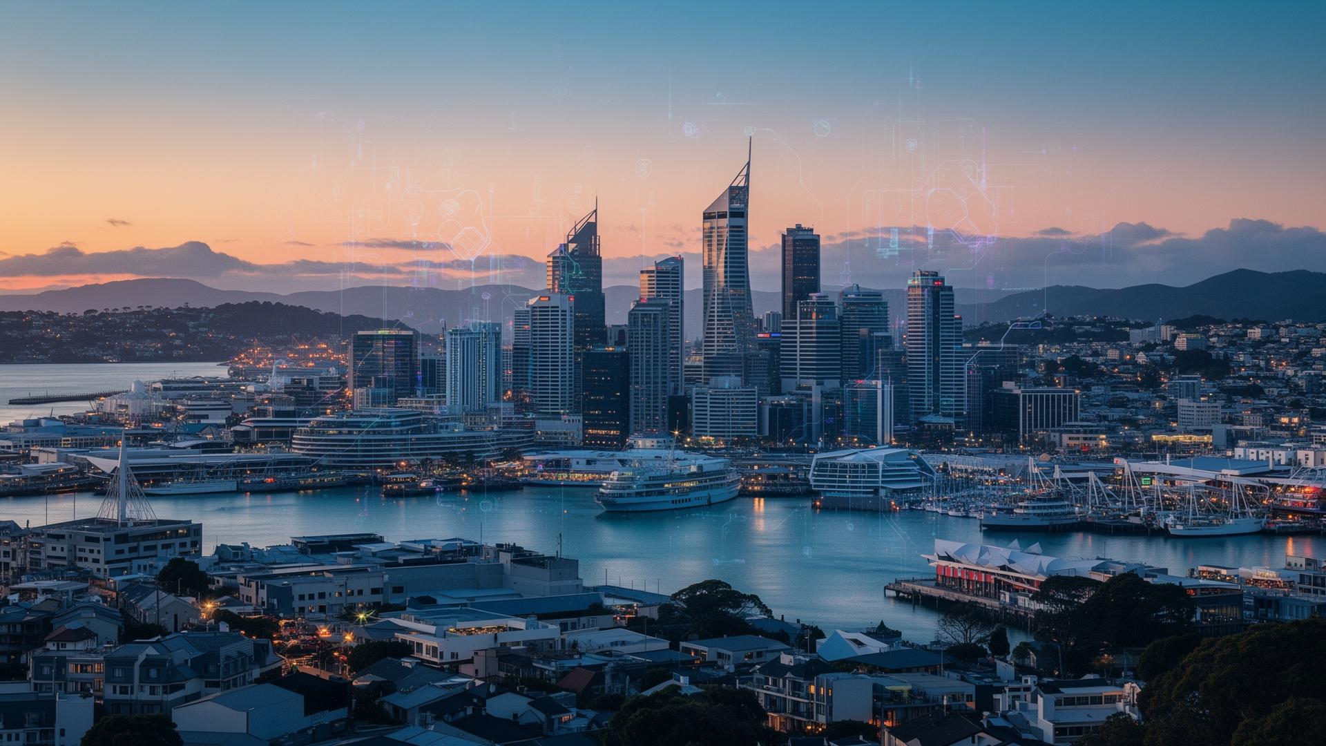 Skyline van Auckland bij schemering met subtiele digitale elementen die de groei van online kansspelen in Nieuw-Zeeland verbeelden